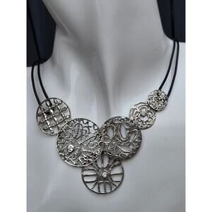 Vintage Silapda Sterling Silver Filigree Art Black Leather Necklace N2343